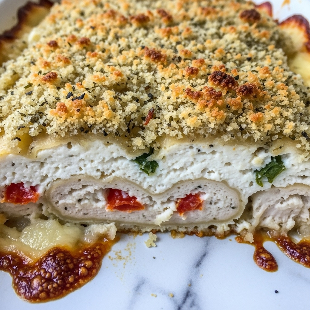 A close-up of a baked dish with two main layers visible: the top layer is a golden brown, crispy breadcrumb crust with a slightly rough texture and small black specks throughout, sitting on a creamy, white layer beneath it that looks soft and smooth. Below this creamy layer, there are small bits of red and green ingredients mixed in, creating a speckled effect inside. The dish appears to be cooked in a white marbled surface with some browned, bubbly sauce or melted cheese around the edges, showing a rich, rustic texture. photo taken with an iphone --ar 4:5 --v 7