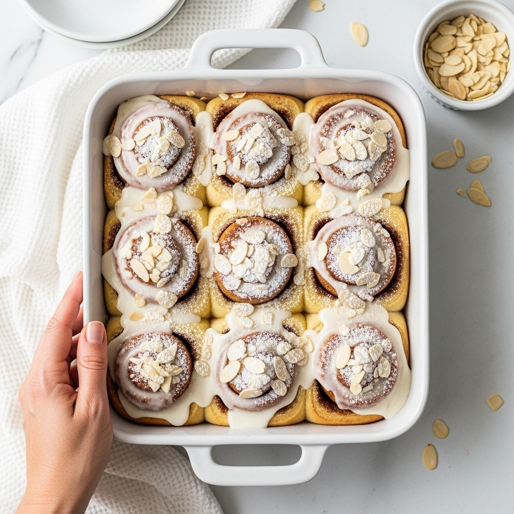 A white baking dish filled with eight golden brown cinnamon rolls, each topped with a thick white icing layer that drips slightly down the sides and is sprinkled generously with sliced almonds and powdered sugar. The rolls are arranged in two rows of four, touching each other closely, creating a soft, fluffy texture visible between the layers of dough and cinnamon. A woman's hand is gently holding the edge of the baking dish. The setting features a white marbled surface with a white textured cloth and a small white bowl of sliced almonds nearby. Photo taken with an iphone --ar 4:5 --v 7