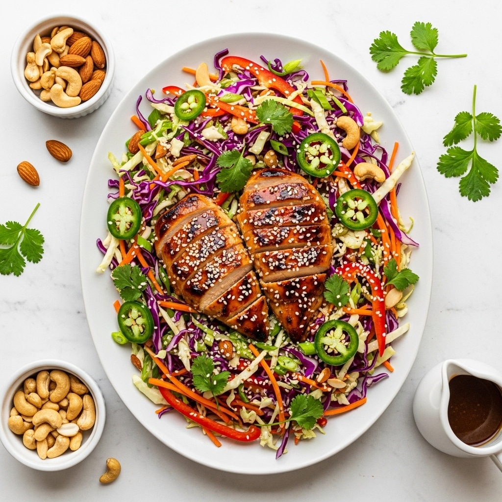 A white oval plate holds two sliced grilled chicken breasts with a shiny brown glaze, placed on top of a colorful salad made of shredded green and purple cabbage, thin orange carrot strips, and red bell pepper slices. The salad is topped with sliced green jalapeños, chopped green onions, cilantro leaves, whole cashews, and almond slices, all sprinkled with white sesame seeds. The plate sits on a white marbled surface with some cashews, almonds, cilantro leaves scattered around, along with two small white bowls containing cashews and almonds and a small white pitcher with brown dressing nearby. photo taken with an iphone --ar 4:5 --v 7