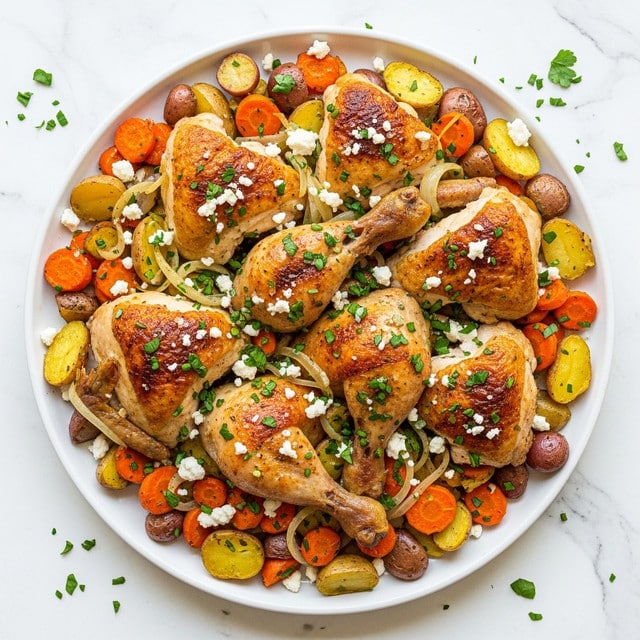 The dish is shown on a large white plate filled with roasted chicken pieces that have a golden-brown, slightly crispy skin, arranged mainly in the center and overlapping each other. Beneath and around the chicken are layers of roasted vegetables including orange carrot chunks, yellow fingerling potatoes with browned skins, and translucent cooked onions, all mixed together. The entire dish is sprinkled with small white crumbles of cheese and finely chopped green herbs, giving a fresh contrast to the warm colors of the chicken and vegetables. The plate sits on a white marbled texture, with small scattered herb sprigs around it. photo taken with an iphone --ar 4:5 --v 7