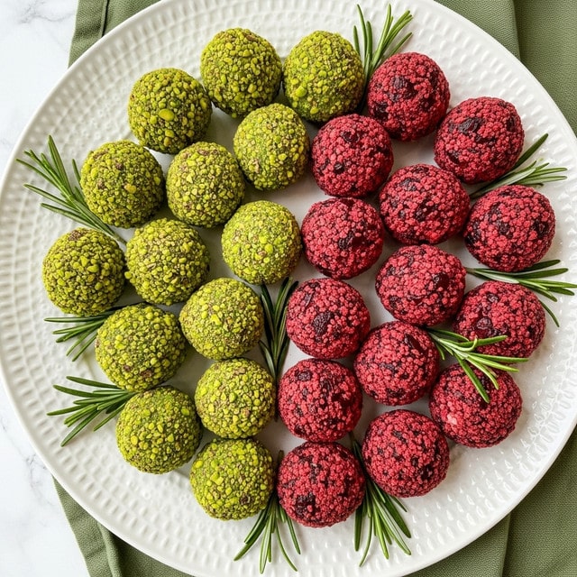 The image shows a large white plate with textured edges, holding about 25 small round balls arranged closely together. These balls have two main colors and textures: one set is bright green with a rough, chopped nut coating, likely pistachios, while the other set is deep red with a coarse, crumbly coating that looks like dried cranberries or similar fruit. The balls are randomly mixed on the plate, and fresh green rosemary sprigs are placed decoratively around and among them. The plate sits on a white marbled surface with a green cloth partially visible underneath. The overall look is fresh, colorful, and inviting. photo taken with an iphone --ar 4:5 --v 7