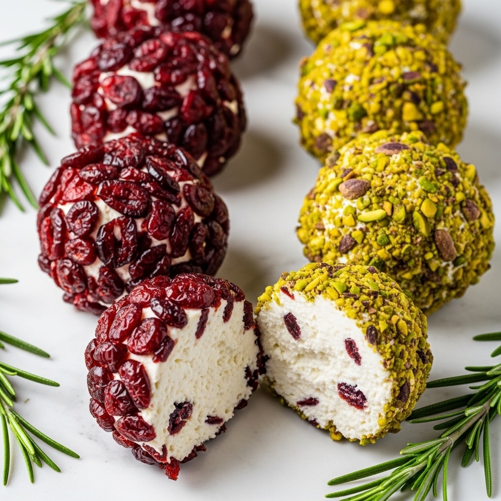 The image shows round cheese balls in two types: one covered with bright red dried cranberries and the other coated with chopped green pistachios. Each cheese ball has a soft and crumbly white cheese center visible in one cranberry-covered ball that is cut in half. The balls are laid on a white marbled surface with some fresh green rosemary sprigs placed around them. The texture contrasts between the smooth, white cheese, the rough, glossy dried cranberries, and the crunchy pistachios create a colorful and inviting arrangement. photo taken with an iphone --ar 4:5 --v 7