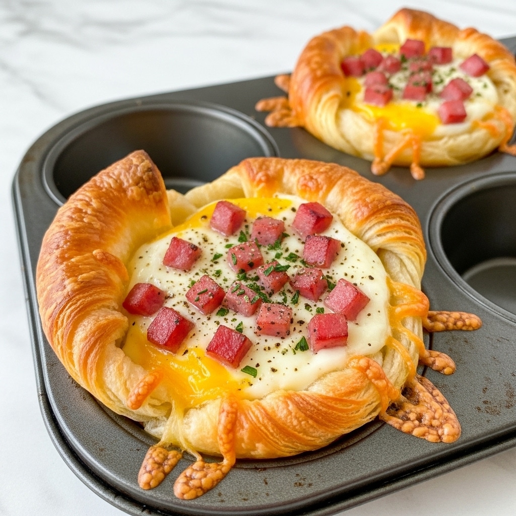 The image shows a close-up of two baked egg and ham cups in a dark metal muffin tray set on a white marbled surface. Each cup has three main layers: the bottom layer is a crispy golden-brown croissant dough folded inside the cup, the middle layer is melted white and yellow cheese spread unevenly, and the top layer consists of small, diced pink ham pieces with sprinkled green herbs and a light dash of black pepper. The edges of the croissant dough are puffed and slightly browned, with some crispy cheese spilling over the tray's sides. photo taken with an iphone --ar 4:5 --v 7