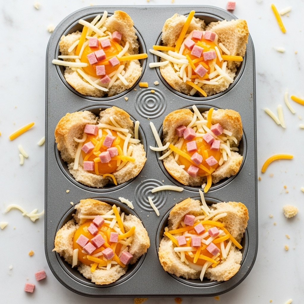 A metal muffin tray holds six bread cups made from torn pieces of light brown bread forming uneven edges in each cup. Inside each bread cup, there is a layer of raw egg yolk, topped with scattered small pink ham cubes. The top layer is a mix of shredded yellow and white cheese spread unevenly over the ham and bread edges, with some cheese spilling over the tray. The tray sits on a white marbled surface, with stray cheese and small crumbs around it. photo taken with an iphone --ar 4:5 --v 7