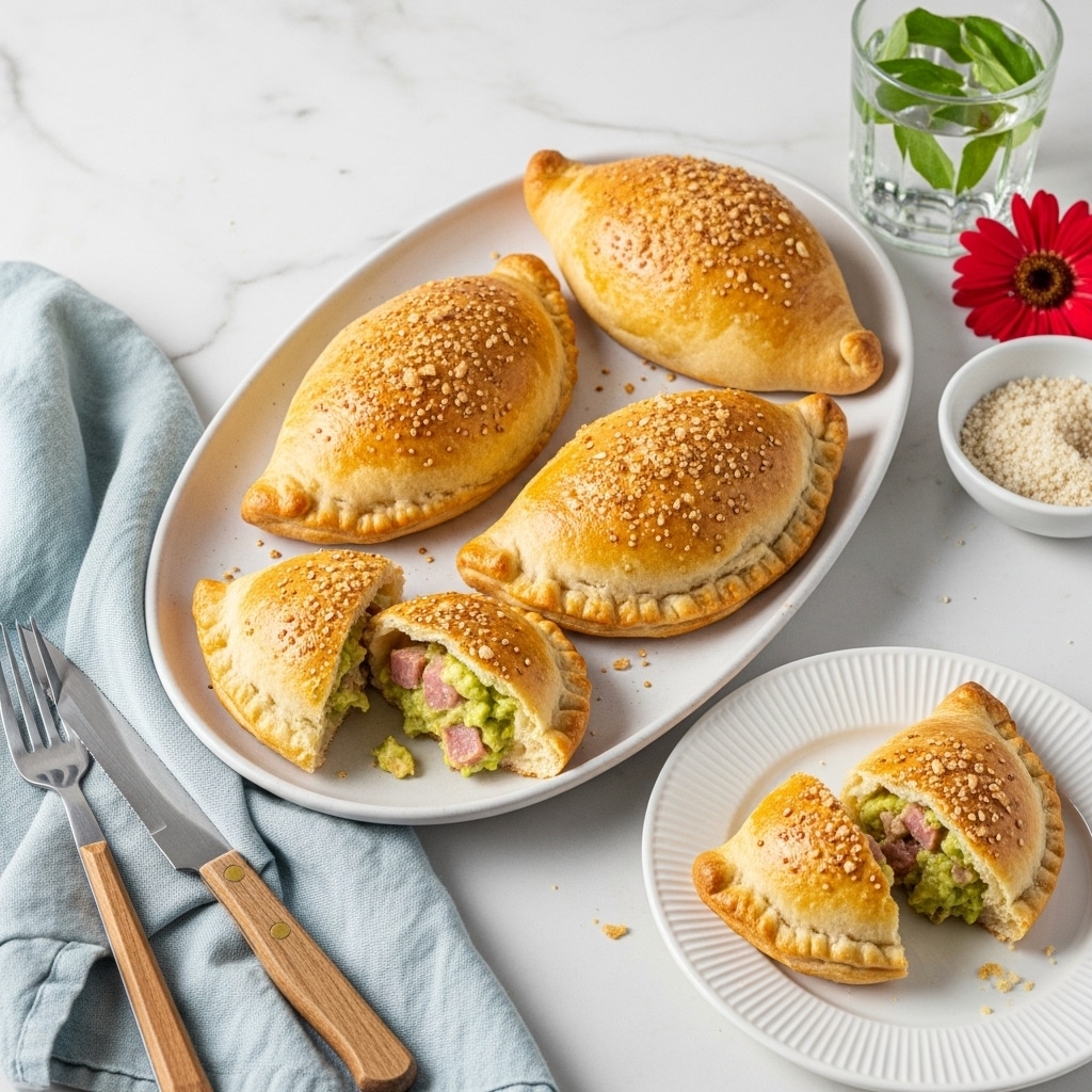 The image shows four golden brown baked turnovers on a white oval plate with a slightly textured surface. They have a crispy and slightly rough top crust, with small browned spots and some sprinkled coarse crumbs. One turnover is cut open, revealing a soft, fluffy inner dough with a creamy filling that looks like mashed avocado and chunks of pink meat inside. Nearby, there is a torn piece of another turnover on a white round plate with ridged edges. The scene is set on a white marbled surface with a wooden-handled knife, fork, pale blue cloth napkin, and a glass of water garnished with green leaves. A small bowl with a white grainy ingredient and a red flower add color to the scene. photo taken with an iphone --ar 4:5 --v 7