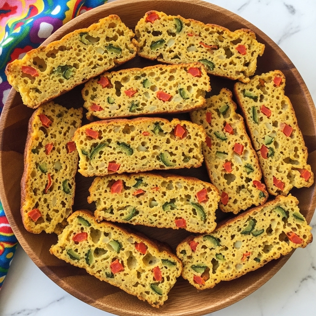 A wooden bowl filled with roughly ten slices of a baked dish showing a dense, crumbly texture with visible pieces of red and green vegetables mixed evenly throughout a mostly golden-yellow base. Each slice is thick and has irregular holes, giving a porous look, with a slightly browned and crisp edge on some pieces. A colorful patterned cloth is partially visible in the top left corner, and the bowl sits on a white marbled surface. photo taken with an iphone --ar 4:5 --v 7