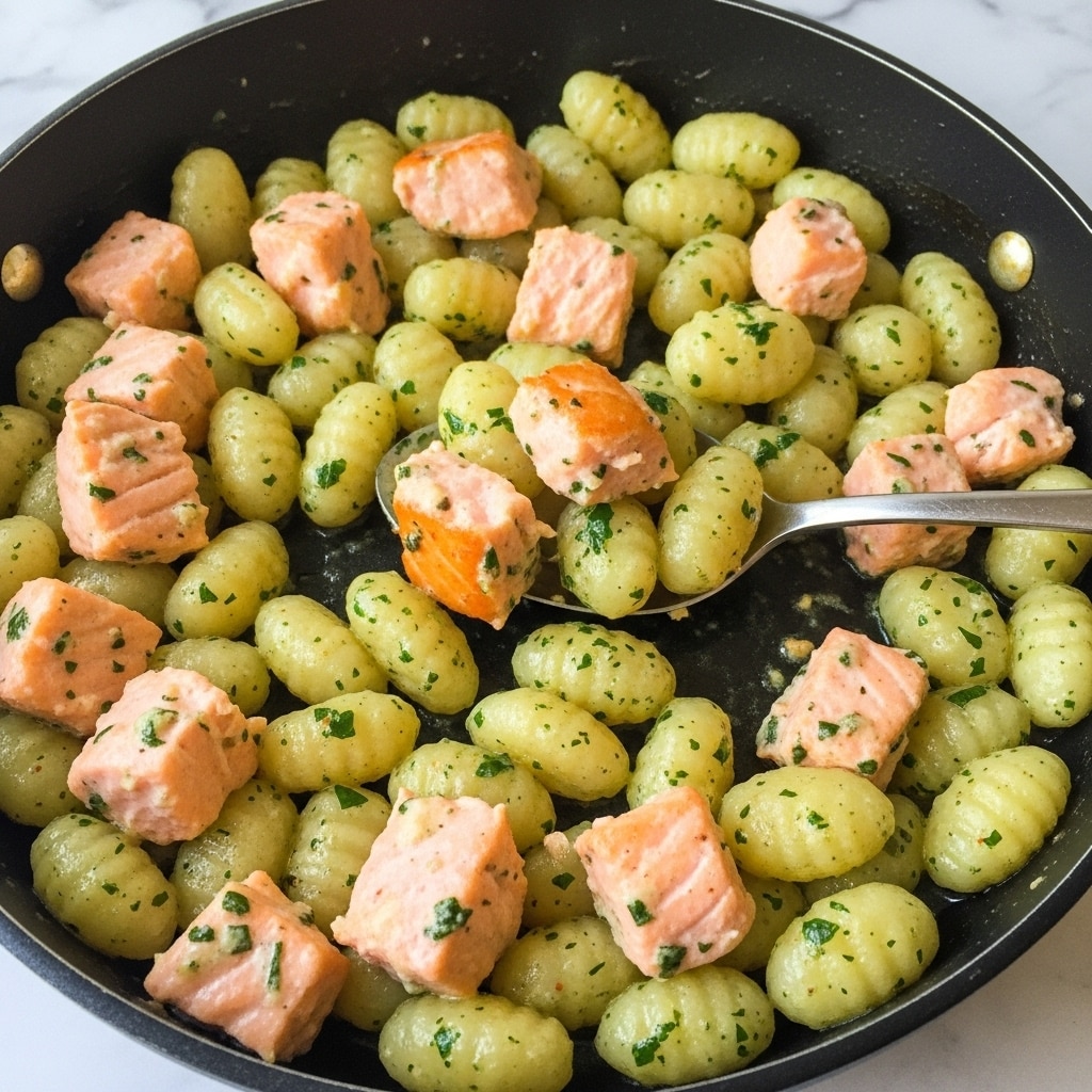 The image shows a close-up of a black pan filled with small, soft gnocchi pieces that are pale yellow, coated in a green herb and cream sauce with a speckled texture. Mixed in are chunks of cooked salmon, which are light orange with a slightly crispy look on the edges. The gnocchi and salmon are evenly distributed in the pan, and a silver spoon is scooping a portion, lifting some gnocchi and salmon pieces. The background surface is a white marbled texture. Photo taken with an iphone --ar 4:5 --v 7