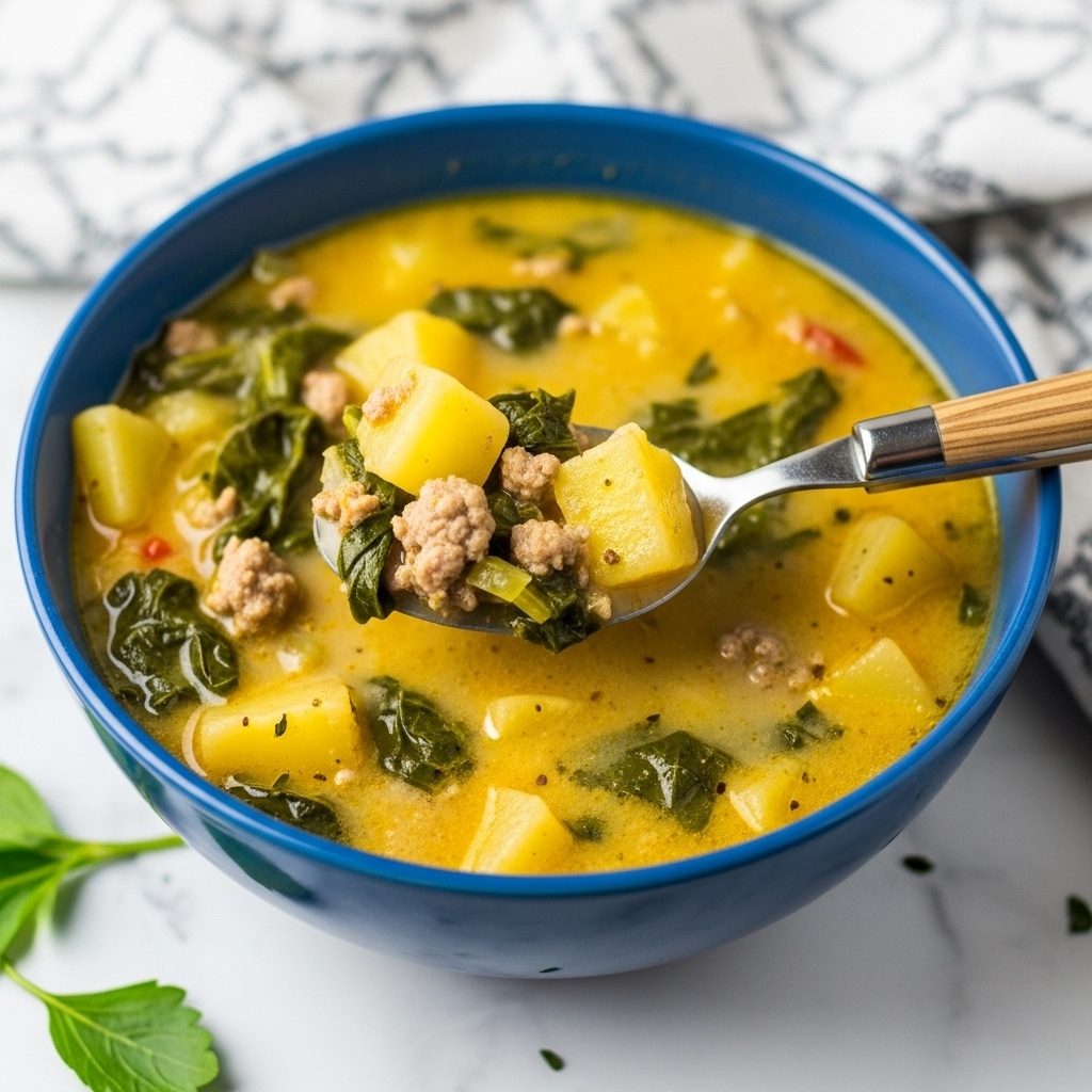 A deep white bowl filled with a creamy soup, showing three main layers: a yellow broth base with visible bubbles and hints of cream swirled through, topped with dark green spinach leaves scattered evenly throughout. On the surface, there are chunks of light yellow potatoes and crumbled brown sausage pieces arranged in the center, topped with a small pile of shredded white cheese and a sprinkle of black pepper. The bowl rests on a white marbled texture, with a black and gold spoon placed nearby and some green herbs scattered around. Photo taken with an iphone --ar 4:5 --v 7