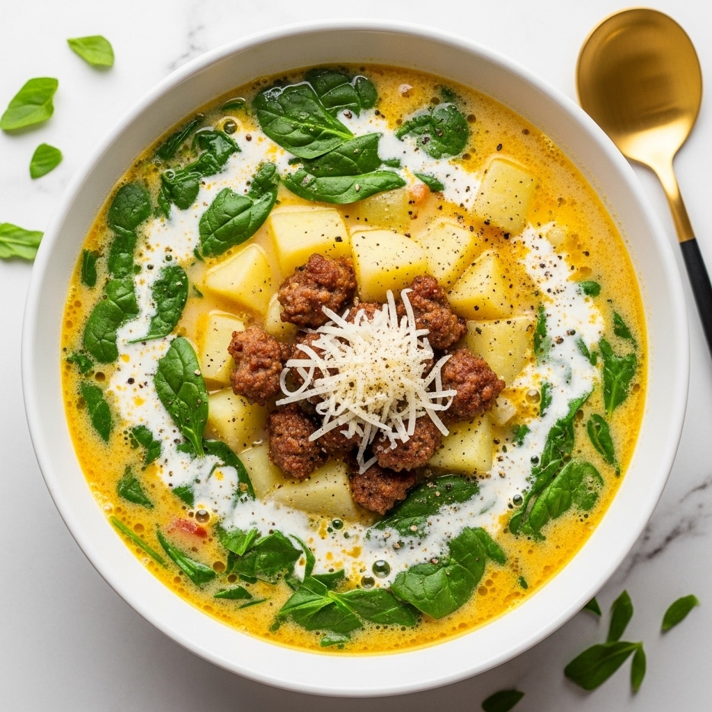 A blue bowl filled with a creamy yellow soup that has visible green leafy vegetables mixed throughout, along with chunks of soft yellow potatoes and small pieces of ground meat. On top, a spoon with a black and tan handle scoops up some soup, showing a mix of the potatoes, greens, and meat. The bowl sits on a white marbled surface with some green herbs scattered beside it, and a white cloth with a gray pattern is placed in the background. Photo taken with an iphone --ar 4:5 --v 7