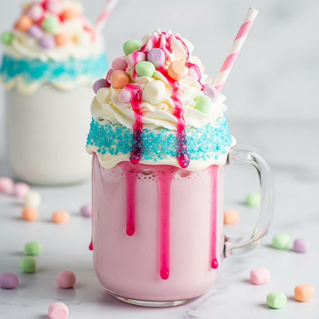 The image shows a three-layered drink in a short, clear white glass. The bottom layer is pale pink milk. The middle layer is a thick ring of small bright pink sprinkles around the rim of the glass. The top layer is a large swirl of white whipped cream covered with small colorful marshmallows and pink and purple round sprinkles, with a soft pink drizzle over the whipped cream. The glass sits on a white marbled surface with a white bowl filled with purple and blue sprinkles nearby, and a cloth and pastel striped straws in the background. Photo taken with an iphone --ar 4:5 --v 7