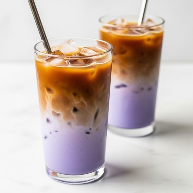 Two tall clear glasses sit on a white marbled surface, each filled with iced layered drinks. The bottom layer is a smooth, vibrant purple color that fades gently upwards into a rich brown coffee layer. The drinks contain ice cubes floating inside, mostly near the top, and one glass has a shiny, silver metal straw standing upright in the middle. The focus is on the front glass, showing the clear separation of the two layers, while the second glass appears softly blurred in the background. Photo taken with an iphone --ar 4:5 --v 7