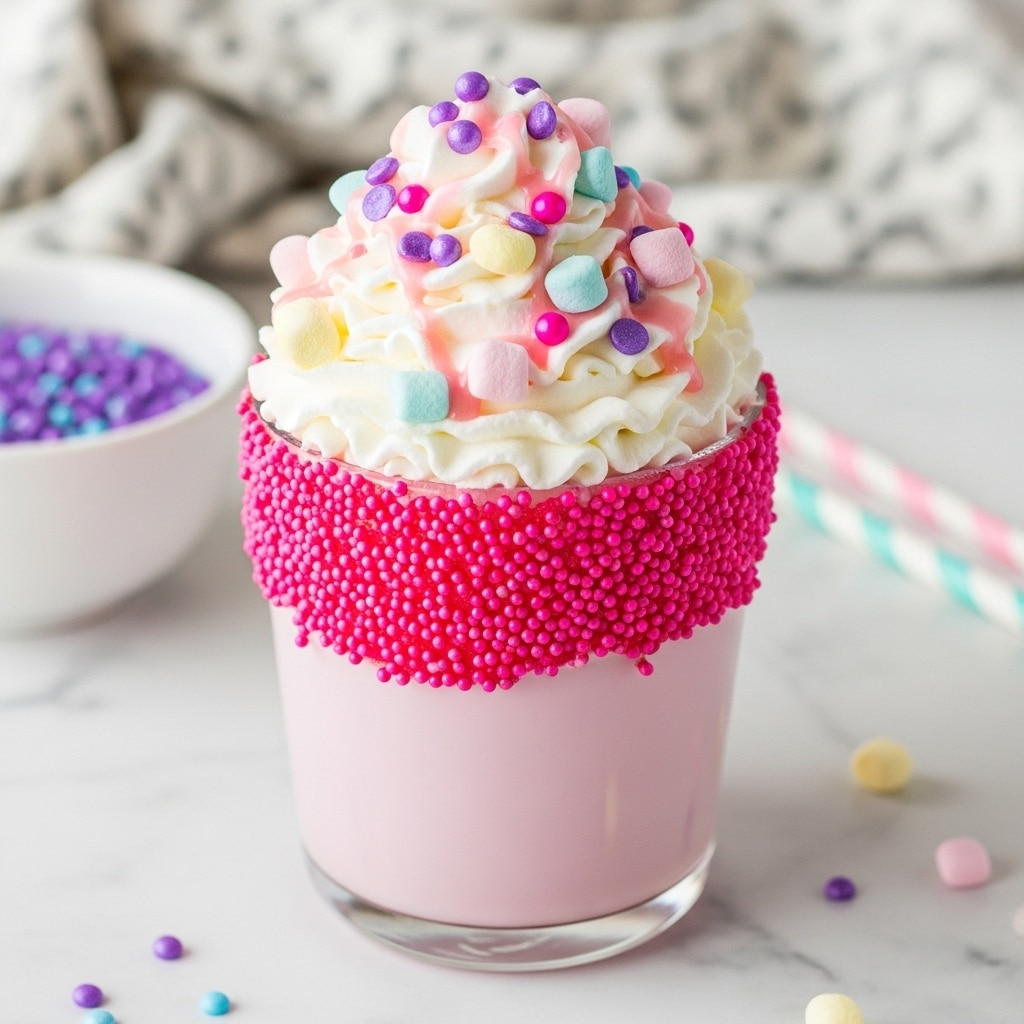 The image shows a clear glass mug filled with a pastel pink milkshake. On top, there are thick layers of white whipped cream twisted into soft peaks, decorated with colorful small marshmallows in pastel shades of pink, orange, green, and purple. Pink syrup drips from the whipped cream down the side of the mug. The rim of the mug is coated with white frosting and covered with blue and white sugar crystals. A white and pink striped paper straw is placed into the drink. The mug sits on a white marbled texture surface with scattered pastel marshmallows around it. In the background, a similar drink in a white mug is slightly out of focus. photo taken with an iphone --ar 4:5 --v 7