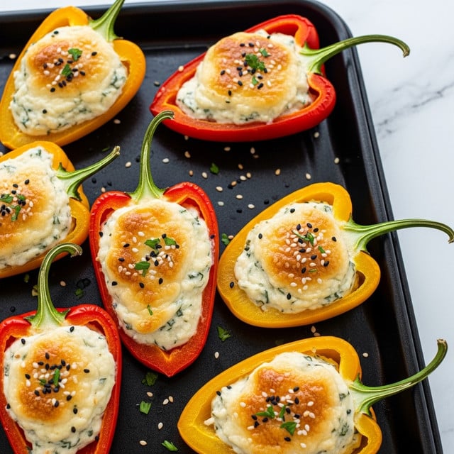The image shows several mini sweet peppers, cut in half lengthwise, placed on a dark baking tray with a white marbled background. Each pepper half is filled with a creamy, slightly browned cheese mixture that has a smooth texture with some puffed spots and a few visible herbs mixed in. The peppers are in bright red and yellow colors with their green stems still attached. The cheese top is light golden in some areas, indicating it was baked, and each stuffed pepper is garnished lightly with black and white sesame seeds and small herb pieces scattered around. photo taken with an iphone --ar 4:5 --v 7