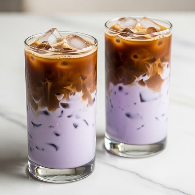 Two tall clear glasses are filled with a layered iced drink placed on a white marbled surface. Each glass has two main layers: the bottom layer is a smooth purple color with some ice cubes mixed in, and the top layer is dark brown with a light frothy texture near the border where it meets the purple. Both glasses are topped with clear ice cubes, and the background is soft and neutral, keeping the focus on the drink. Photo taken with an iphone --ar 4:5 --v 7