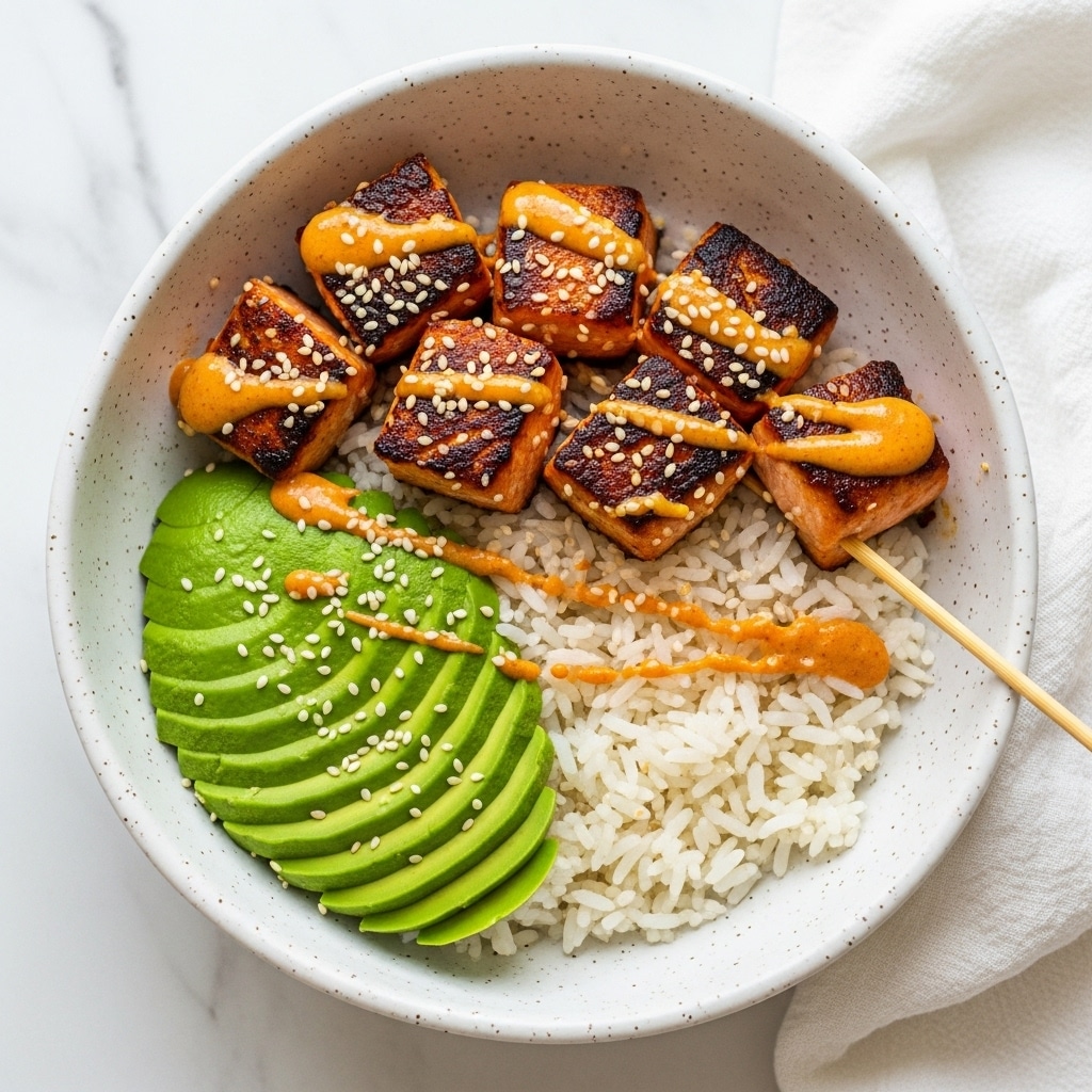 A white speckled bowl holds the dish, set on a white marbled surface. At the bottom is a layer of white rice, topped with bright green sliced avocado on the side. Above the rice and avocado, there are several grilled salmon cubes with a browned, slightly charred texture. The salmon is drizzled with an orange sauce and sprinkled with white sesame seeds. A wooden skewer is partially visible on the right side, resting in the bowl. A white cloth is placed near the bowl. photo taken with an iphone --ar 4:5 --v 7