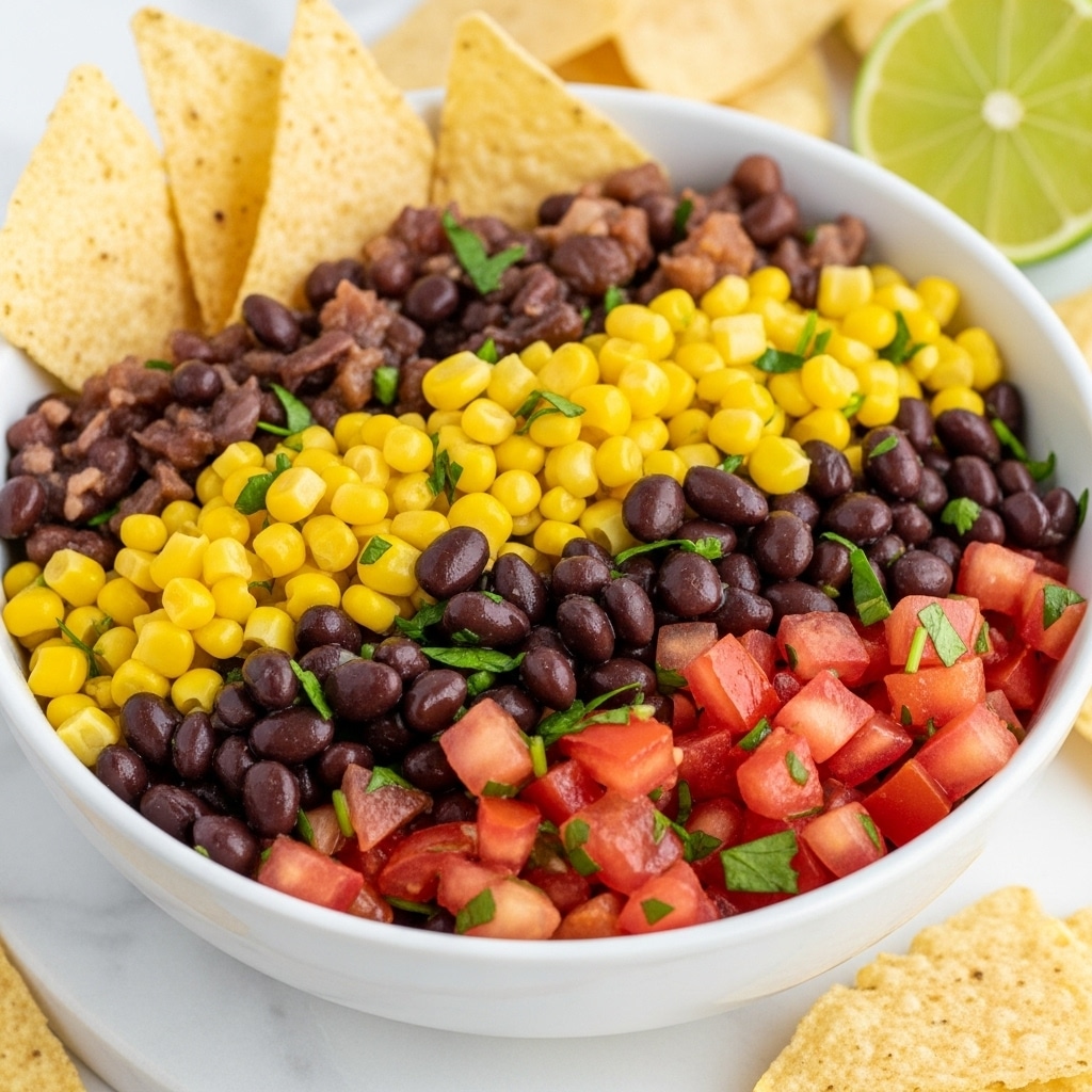 A white bowl filled with three layers of colorful salad ingredients: bright yellow corn kernels, dark brown black beans, and red tomato chunks, mixed evenly with small pieces of green herbs scattered throughout. The salad has a fresh and slightly glossy texture, showing moisture. The bowl is placed on a white marbled surface and is surrounded by light tan tortilla chips leaning against the bowl and scattered nearby. A green lime wedge is partially visible in the background. The scene is bright and close up, showing the detailed texture of each ingredient. Photo taken with an iphone --ar 4:5 --v 7