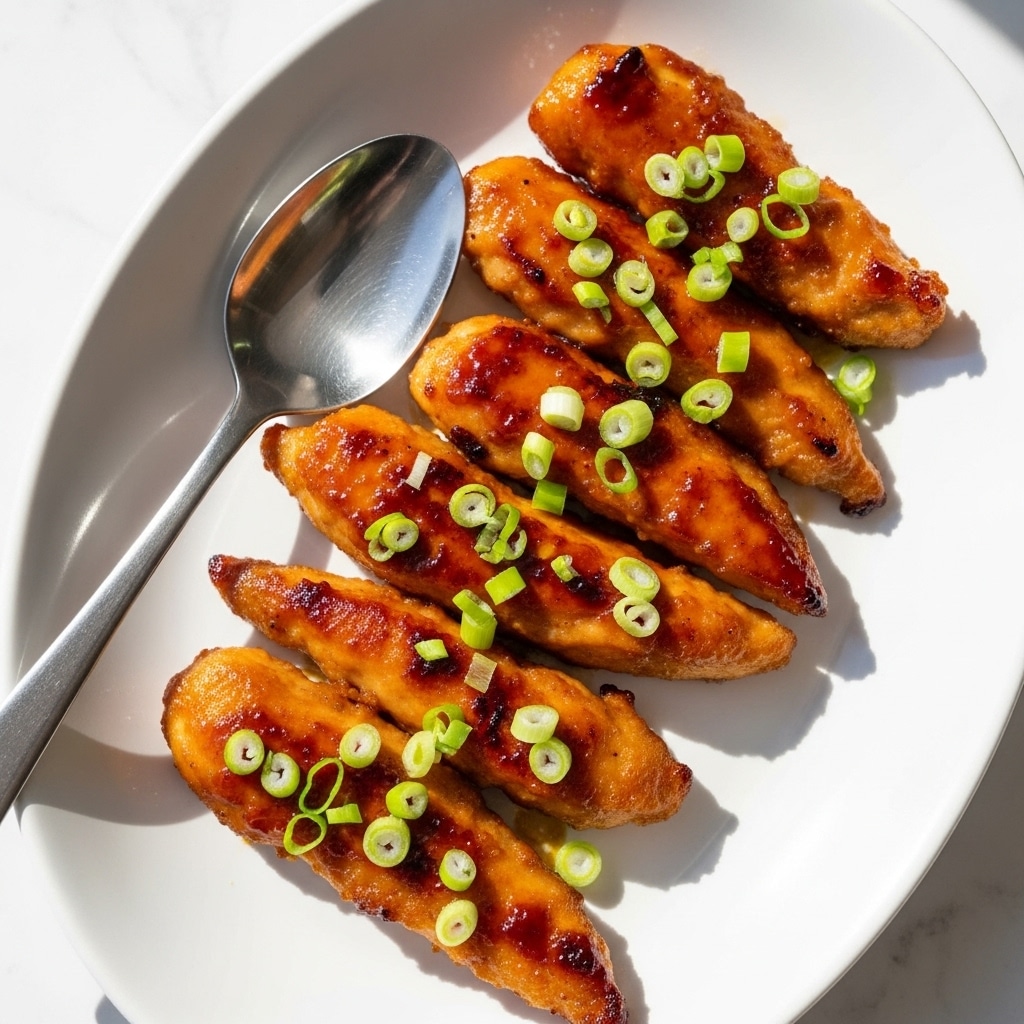 A white oval plate holds seven strips of cooked chicken glazed with a shiny, brown sauce. The chicken pieces are arranged closely, with some overlapping. Bright green chopped scallions are scattered on top, adding a fresh color contrast. A silver spoon with a rounded end rests on the left side of the plate. The plate sits on a white marbled surface with soft natural light brightening the scene. photo taken with an iphone --ar 4:5 --v 7