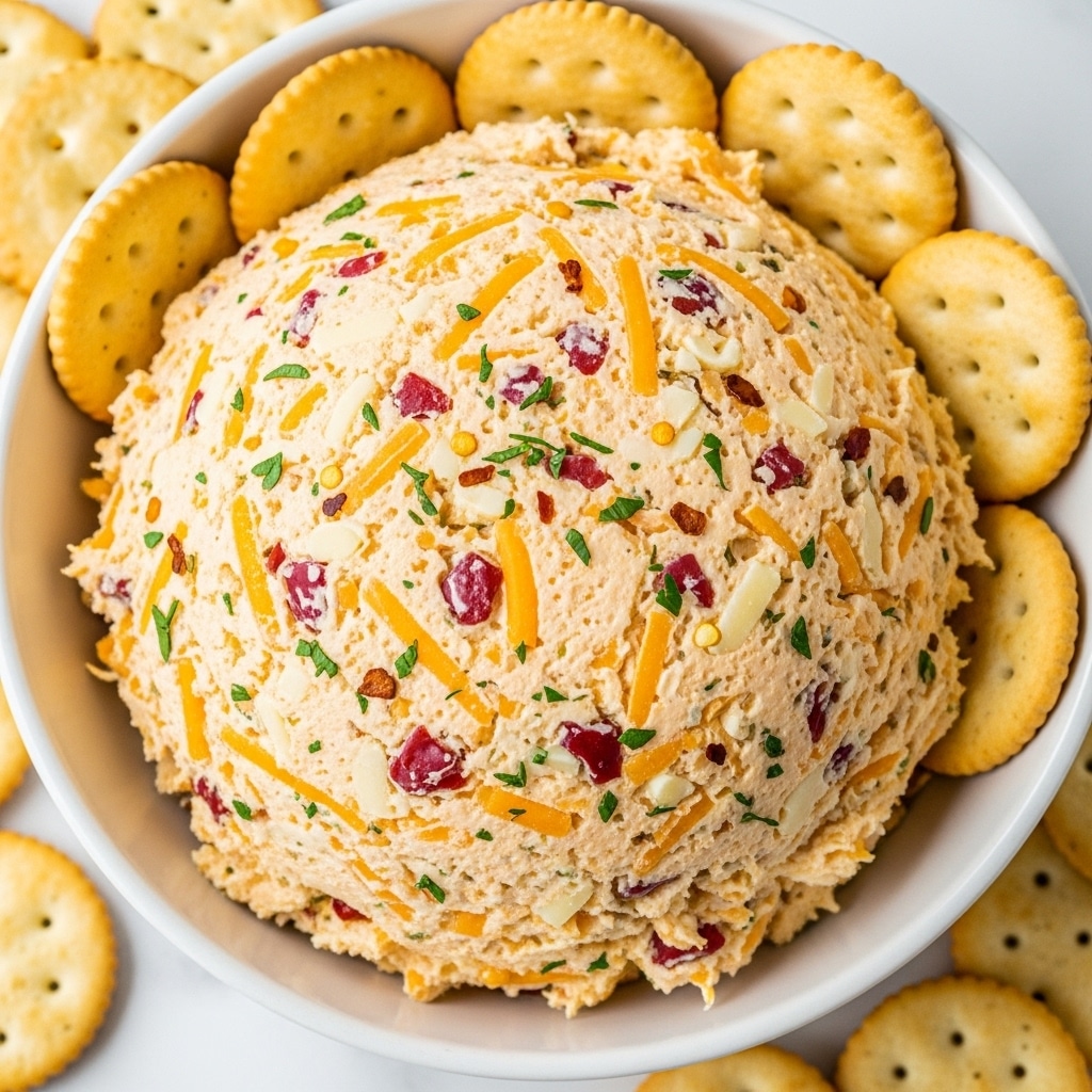 A rounded mound of creamy, soft cheese spread sits in a white bowl. The spread is light orange with visible shreds of yellow cheddar cheese, small red flakes, and tiny green herb bits evenly mixed throughout, giving it a textured and rich look. The bowl is surrounded by light tan crackers with small holes and a slightly rough surface. The scene rests on a white marbled surface, giving a clean and fresh look. Photo taken with an iphone --ar 4:5 --v 7