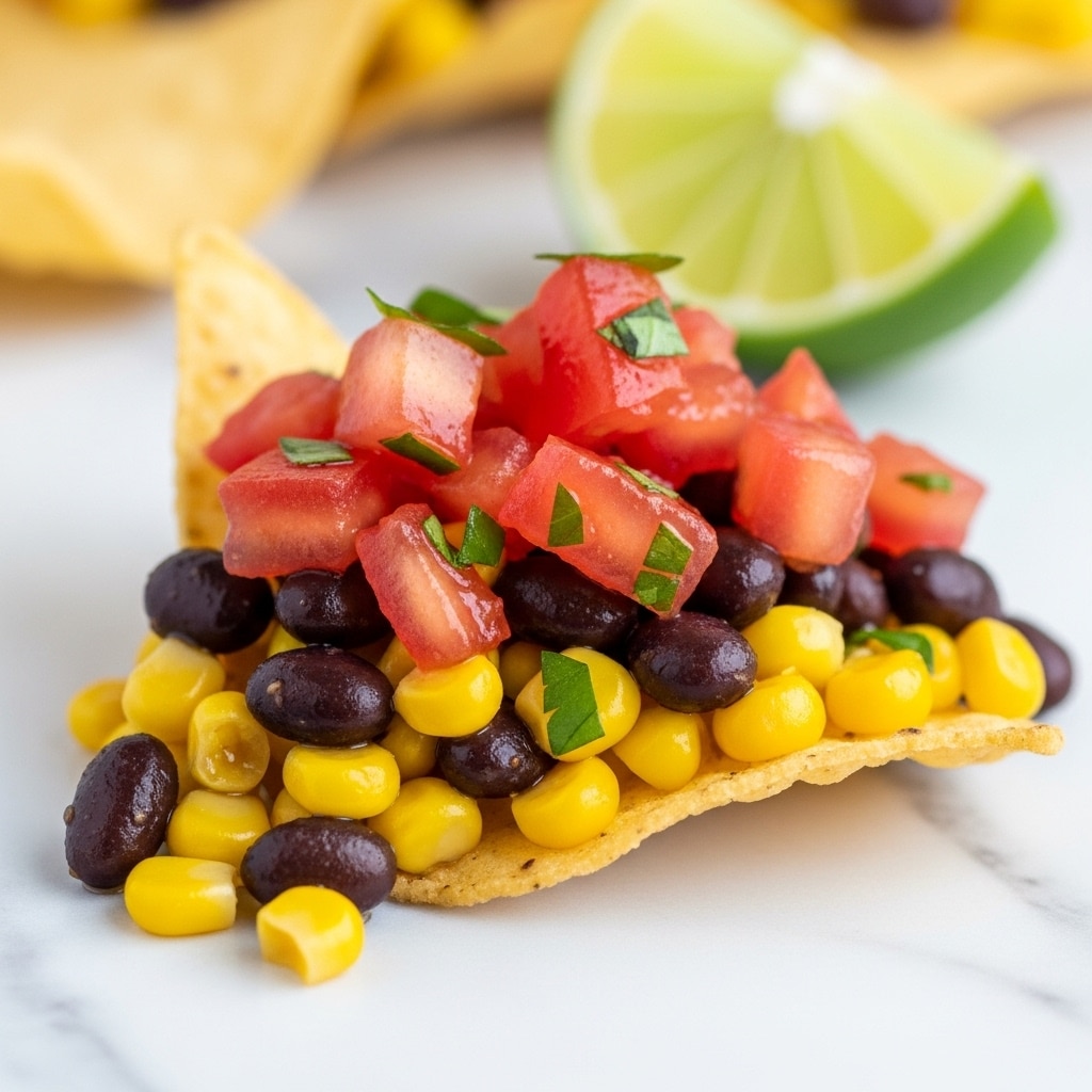 The image shows a close-up of a chip resting on a colorful salsa mix. The salsa has several layers: at the bottom is a mix of black beans and yellow corn kernels with a slightly glossy texture, topped with bright red diced tomatoes and a few small green herbs scattered throughout. A wedge of light green lime is visible in the blurred background. The scene is set on a white marbled surface. photo taken with an iphone --ar 4:5 --v 7