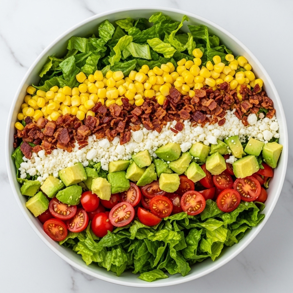 A large white bowl filled with a fresh salad sits on a white marbled surface. The bottom layer is bright green leafy lettuce, topped with evenly scattered chunks of light green avocado and small red tomato pieces. On top of these are bright yellow corn kernels and crispy, dark brown bacon bits. The salad is finished with white crumbled cheese sprinkled all over, adding a soft texture contrast. The overall look is colorful and vibrant, with fresh ingredients layered to show depth and variety. Photo taken with an iphone --ar 4:5 --v 7