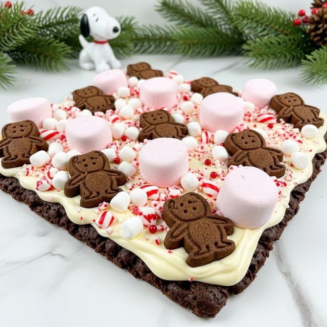 The image shows a large, flat treat covered in multiple toppings on a white marbled surface. The base layer is creamy white chocolate, smooth and glossy, spread thickly across the surface. On top, there are several dark brown, slightly rough-textured cookies shaped like small animals, scattered evenly. Large, soft-looking pink and white marshmallows are spread wide, adding a fluffy texture. Small white mini marshmallows and red and white broken candy cane pieces are sprinkled all over for color and crunch, along with tiny red beads for extra decoration. In the background, there is a white toy dog and some green pine branches, adding a festive touch. photo taken with an iphone --ar 4:5 --v 7