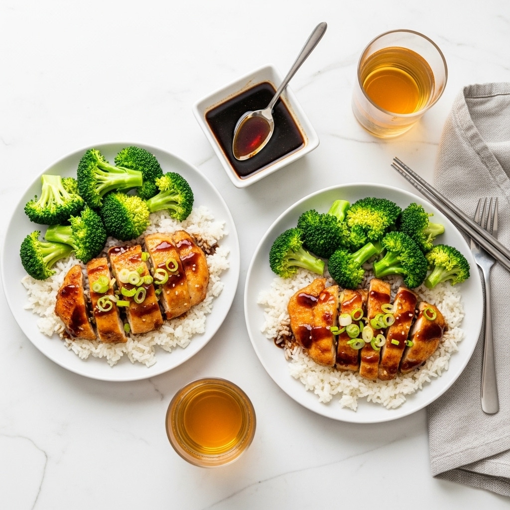 Two white plates are arranged on a white marbled surface, each containing three layers: a base of white rice, topped with golden brown cooked chicken pieces drizzled with a dark sauce, and fresh bright green broccoli florets on the side. The chicken is garnished with thin slices of green onions. Near one plate, there is a small white square dish holding some dark sauce with a spoon, while silver chopsticks and a fork rest on the edge of the other plate on a neutral-colored cloth napkin. Two clear glasses filled with a light amber drink complete the setting. Photo taken with an iphone --ar 4:5 --v 7