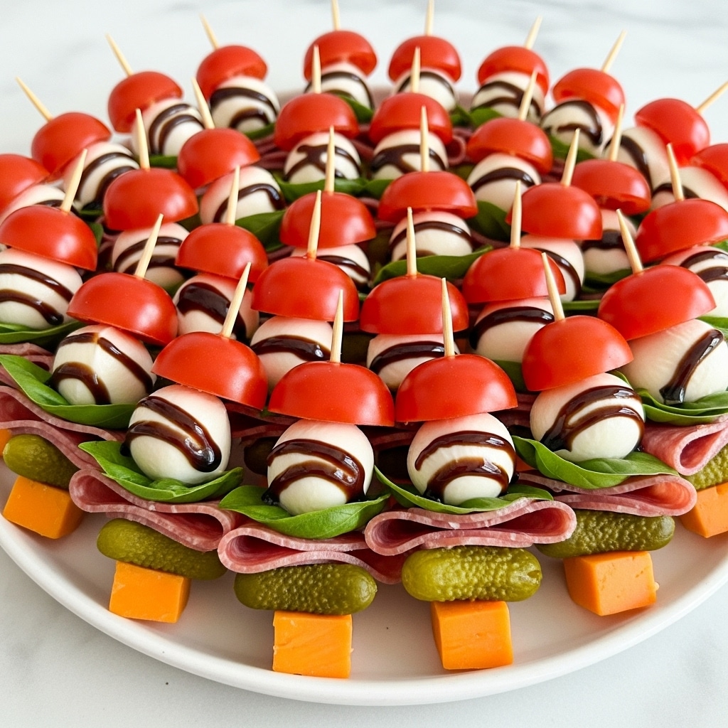 A white plate holds many small skewers arranged closely together, each skewer with four layers: a bright red cherry tomato on top, followed by a white ball of mozzarella cheese drizzled with dark balsamic glaze, a fresh green basil leaf beneath the cheese, a slice of pinkish-red folded salami, a light green pickle piece, and ending with an orange cube of cheddar cheese at the base; the plate sits on a white marbled surface. photo taken with an iphone --ar 4:5 --v 7