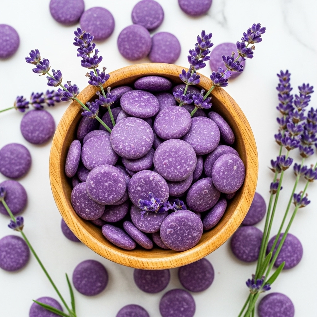 A small wooden bowl filled with smooth, purple candy melts shaped like rounded discs, some slightly shiny and slightly flat, sits at the center. The bowl is surrounded by more purple candy melts scattered on a white marbled surface. Sprigs of fresh lavender flowers with deep purple buds and short green stems are placed both inside the bowl and around it, adding a natural touch. The overall color scheme is mainly purple with the light brown wooden bowl and green touches from the lavender stems. Photo taken with an iphone --ar 4:5 --v 7
