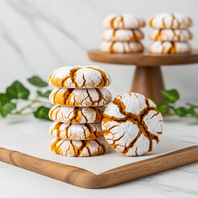 A stack of seven round crinkle cookies is placed on a square wooden board lined with white parchment paper. The cookies have a textured, cracked surface with bright orange-brown color showing through generous white powdered sugar covering. One cookie leans against the stack, showing deep creases and rough texture. In the background, out of focus, two more stacks of similar cookies sit on a wooden cake stand against a white marbled texture. Some green leafy vines add a fresh touch to the scene. Photo taken with an iphone --ar 4:5 --v 7