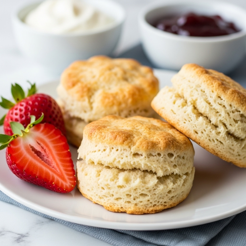 The image shows a white plate with three golden-brown scones that have a fluffy and crumbly texture, each scone slightly cracked on top showing its soft inside. On the left side of the plate, there are two red sliced strawberries with visible seeds and juicy texture. In the blurred background, there are two white bowls, one with soft white cream and the other with dark red jam. The plate is placed on a white marbled surface with a hint of a blue cloth underneath. photo taken with an iphone --ar 4:5 --v 7