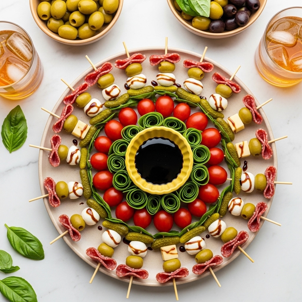 A round beige plate on a white marbled surface holds an arrangement of colorful skewers and fresh vegetables. At the center of the plate is a small yellow fluted bowl filled with dark balsamic glaze. Surrounding the bowl is a ring of bright red cherry tomatoes and rolled green basil leaves. Around this circle are green olives and small pickles. The outermost layer features ten wooden skewers each threaded with a folded slice of salami at the top, followed by a light yellow cheese cube, a white mozzarella ball with balsamic glaze drizzled on it, a small pickle, and a green olive, all arranged neatly and evenly spaced. Nearby are a tan bowl with more green olives, a gold bowl with olives and herbs, and a glass of amber-colored drink with ice. photo taken with an iphone --ar 4:5 --v 7