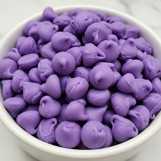 The image shows a close-up of many small, smooth, purple drops that look like candy melts or chocolate chips, piled together in a white bowl. Each drop has a round base with a small pointy top, and they have a shiny and slightly soft texture. The white bowl is filled to the top with these purple drops, sitting on a white marbled surface. photo taken with an iphone --ar 4:5 --v 7