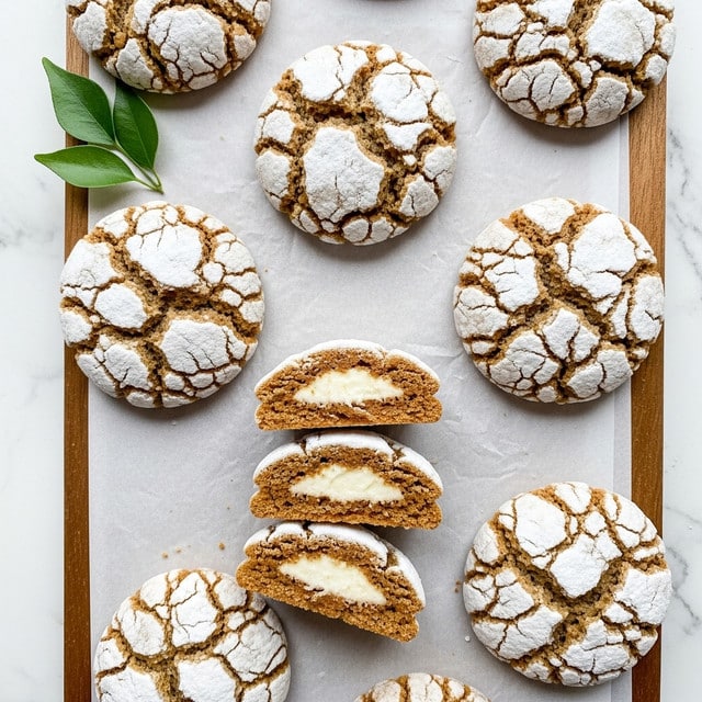 The image shows round cookies with a cracked top surface dusted with white powder, arranged on a white parchment paper over a wooden board. The cookies have a light brown color with deep cracks revealing a soft texture inside. Three cookies are cut in half, showing a white creamy filling inside each, sandwiched between two layers of the brown cookie. A small green leaf is placed on the top left corner for decoration. The background is a white marbled texture. photo taken with an iphone --ar 4:5 --v 7