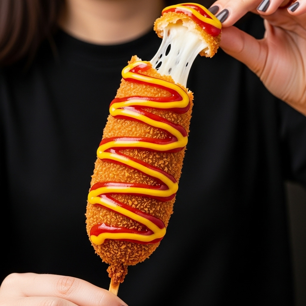 A tall, crispy fried corn dog with a golden-brown, textured outer coating is held by a woman's hand at the bottom, while another woman's hand at the top pulls off a bite, stretching gooey, melted white cheese from the inside. The corn dog is decorated with thick, wavy lines of bright red ketchup and vivid yellow mustard that spiral down the entire length of the snack. The background is dark, which makes the bright colors and textures of the corn dog stand out clearly. photo taken with an iphone --ar 4:5 --v 7