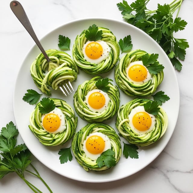 A white round plate holds six nest-shaped servings of green zucchini noodles, each shaped like a small circular bed with a sunny yellow egg yolk in the center and white egg whites around it. Fresh green parsley leaves are placed decoratively on top of each noodle nest and around the plate. A silver fork is lifting one noodle nest slightly from the plate. The plate is set on a white marbled surface with fresh parsley sprigs arranged nearby. photo taken with an iphone --ar 4:5 --v 7
