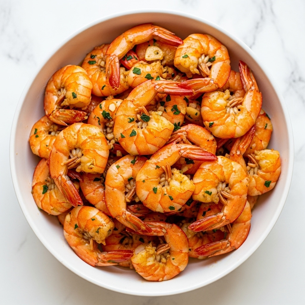 A white bowl filled with cooked shrimp piled high, each shrimp bright orange with visible shells and tails, sprinkled with small green herb pieces. The shrimp have a slightly shiny texture showing they are well-seasoned, and some pieces of garlic or similar small bits are visible among them. The white bowl sits on a surface with a white marbled texture, offering a clean and simple background that makes the colors pop. photo taken with an iphone --ar 4:5 --v 7