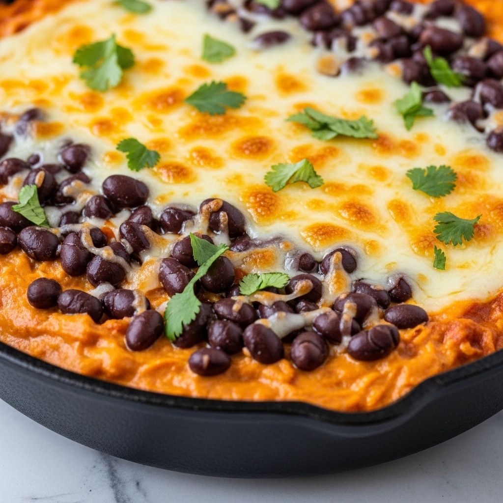 A close-up view of a black cast iron skillet filled with a layered cheesy dip. The bottom layer is an orange creamy mix with black beans spread evenly throughout. Above it is a melted cheese layer combining white and golden yellow colors with smooth, slightly browned texture. Sprinkled on top are small pieces of fresh green cilantro adding a fresh contrast. The skillet rests on a white marbled surface. Photo taken with an iphone --ar 4:5 --v 7