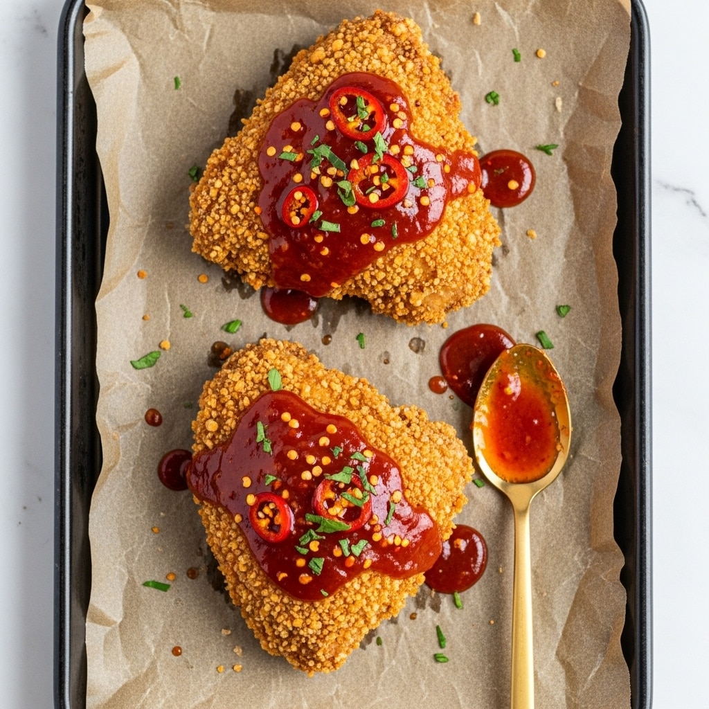 The image shows two crispy fried chicken pieces placed on brown parchment paper on a black baking sheet. The chicken is golden brown with a crunchy, uneven texture from the coating. A shiny, thick red sauce with visible chili flakes is generously poured over the chicken, making it look glistening and spicy. Some green herb bits are sprinkled on top for garnish. A small gold spoon is resting on the baking sheet next to the chicken, covered with some of the sauce. The background is a white marbled texture. photo taken with an iphone --ar 4:5 --v 7