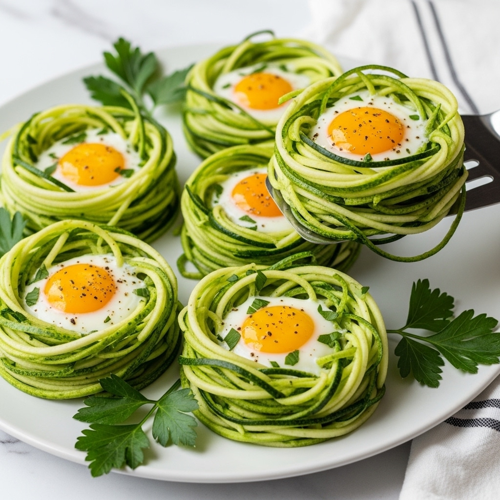 The image shows a white plate with several nests made of thin, spiralized green zucchini noodles. Each noodle nest has a cooked egg with a bright yellow yolk and white surrounding it in the center. The zucchini noodles are vibrant green with some darker green bits, and fresh flat green parsley leaves are placed around the nests as garnish. A silver serving spatula is lifting one nest, showing the noodles wrapping up from the base to the top in a neat circular shape. The background is a white marbled surface with a white cloth with black stripes partially visible. Photo taken with an iphone --ar 4:5 --v 7