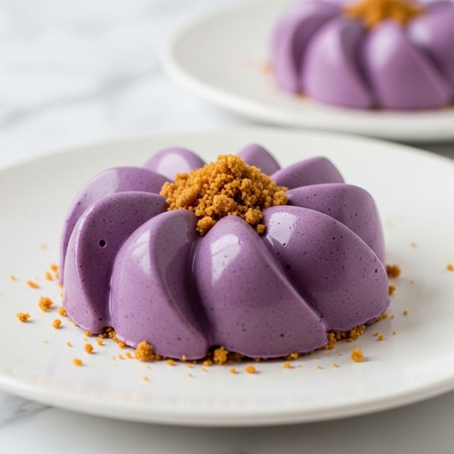 The image shows a purple dessert shaped like a flower with eight curved petals on a white plate. It has a smooth texture and is topped with a small mound of crumbly brown bits in the center. Some crumbs are scattered around the base of the dessert on the plate. The background is a white marbled surface with a soft focus, and another similar dessert is visible but blurred in the background. Photo taken with an iphone --ar 4:5 --v 7