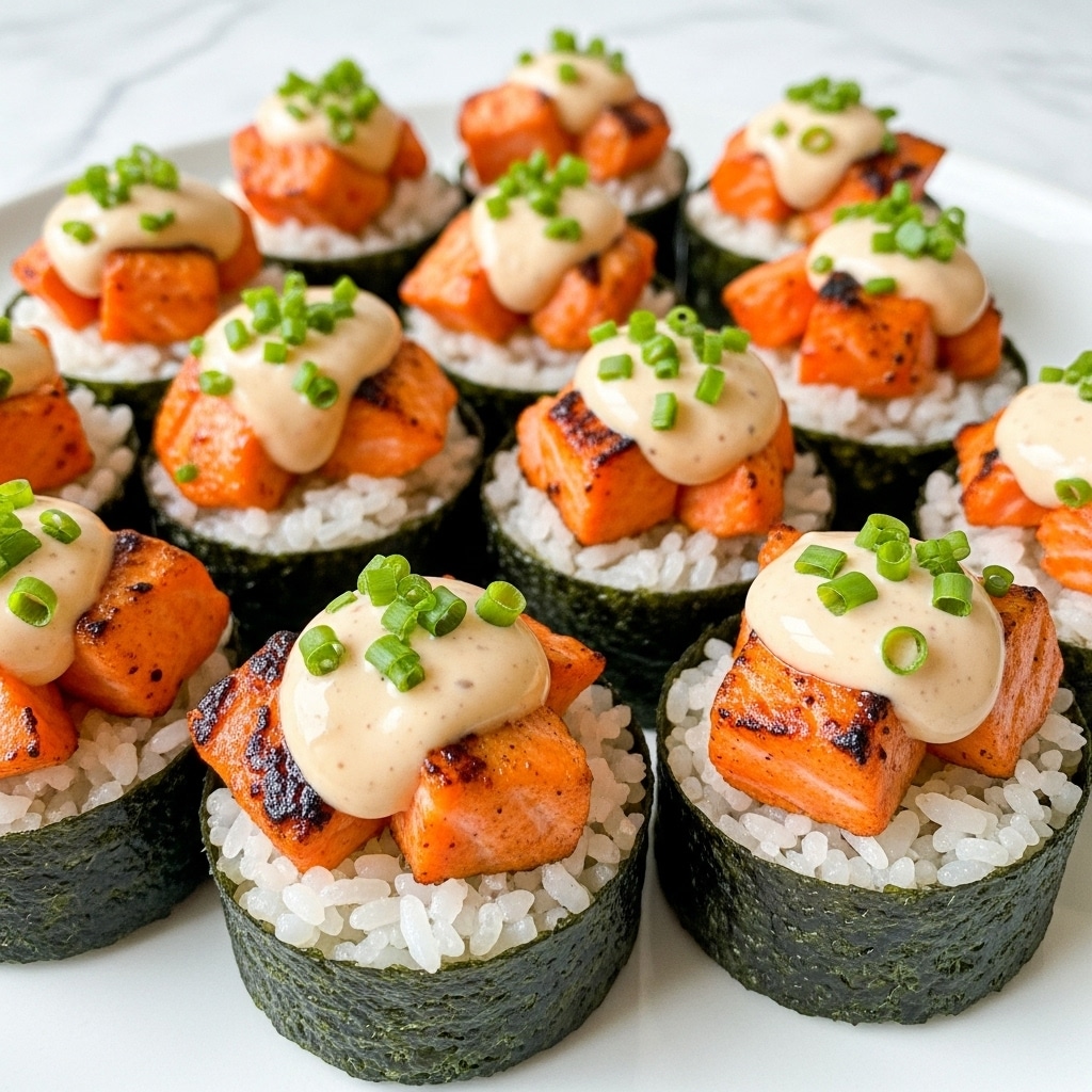 Small bite-sized cups made from dark green seaweed form the base, holding a layer of sticky white rice inside. On top of the rice, there are chunks of orange grilled salmon with a slightly charred look. Covering the salmon is a light beige creamy sauce, drizzled in the center, sprinkled with finely chopped fresh green chives. The cups are arranged closely on a large white plate with a white marbled texture in the background. Photo taken with an iphone --ar 4:5 --v 7