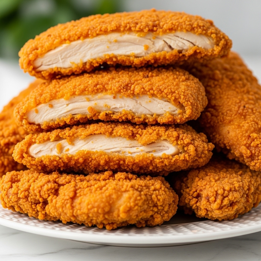 A plate full of golden brown fried chicken pieces stacked on top of each other, each piece showing a crispy and crunchy texture with craggy, rough edges and an evenly cooked surface. The chicken has a rich orange-golden color indicating it is well fried, with some darker spots where the crust is thicker. The plate is white with a subtle pattern, placed on a white marbled surface, and the background is softly blurred with green hints, suggesting a natural setting. The focus highlights the crispy coating and juicy layers beneath, making the chicken look hot and fresh. Photo taken with an iphone --ar 4:5 --v 7