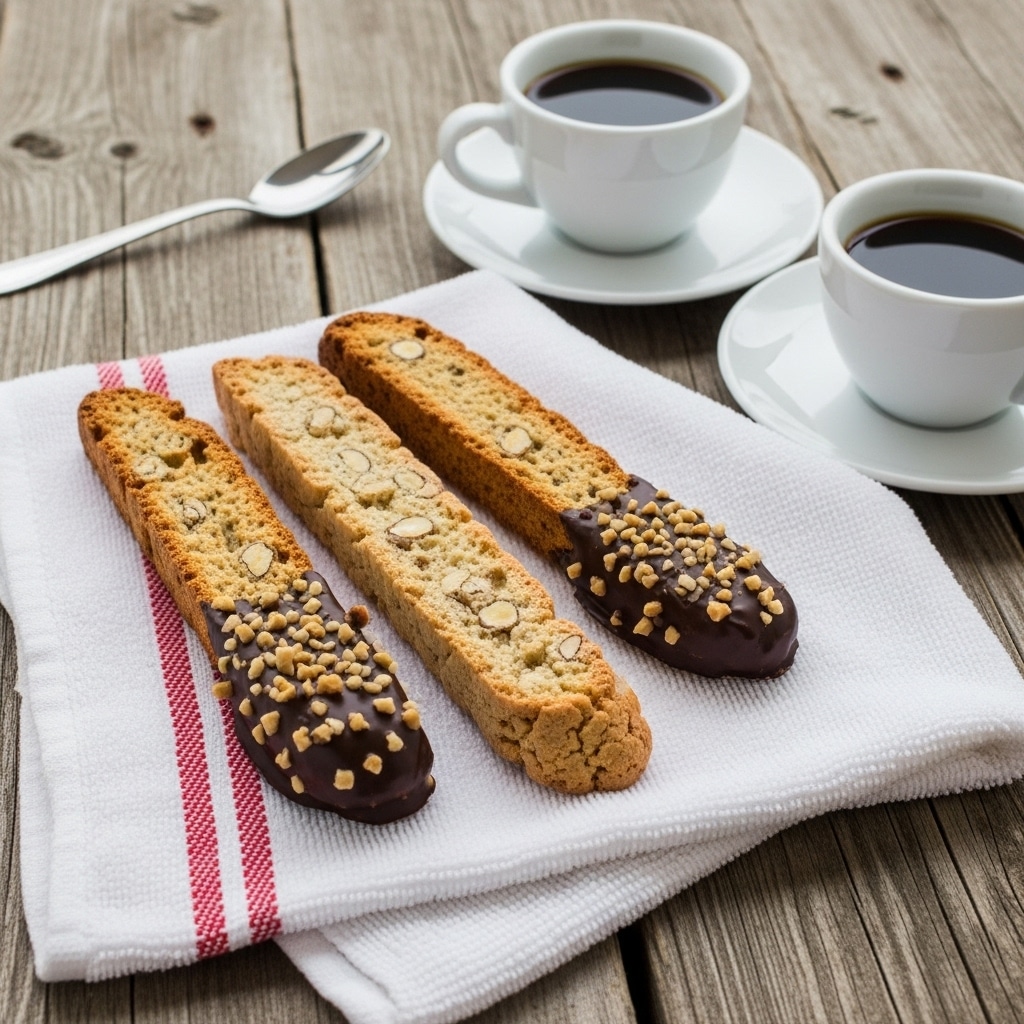 Three long, thin biscotti are placed on a white towel with red stripes. Two biscotti have their ends dipped in dark chocolate and sprinkled with small pieces of chopped nuts, while the middle biscotti is plain with a rough, cracked texture. The towel is on a rough wooden surface. Nearby, two white cups filled with black coffee sit on white saucers, with a silver spoon resting above the towel. photo taken with an iphone --ar 4:5 --v 7
