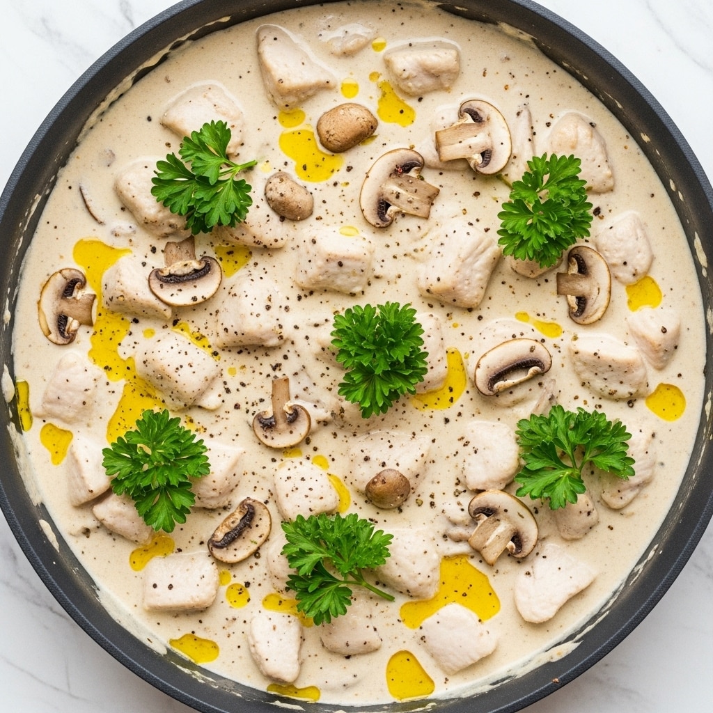 A white bowl filled with creamy soup that has visible chunks of cooked chicken breast and sliced mushrooms floating in it. The soup has a thick, light beige color with specks of black pepper and small green parsley leaves scattered on top and mixed in. The bowl sits on a matching white saucer placed on a white marbled surface, with toasted slices of bread on the side showing a golden brown crust. The overall look is warm and inviting, with a focus on the texture of the chicken and mushrooms in the creamy broth. Photo taken with an iphone --ar 4:5 --v 7