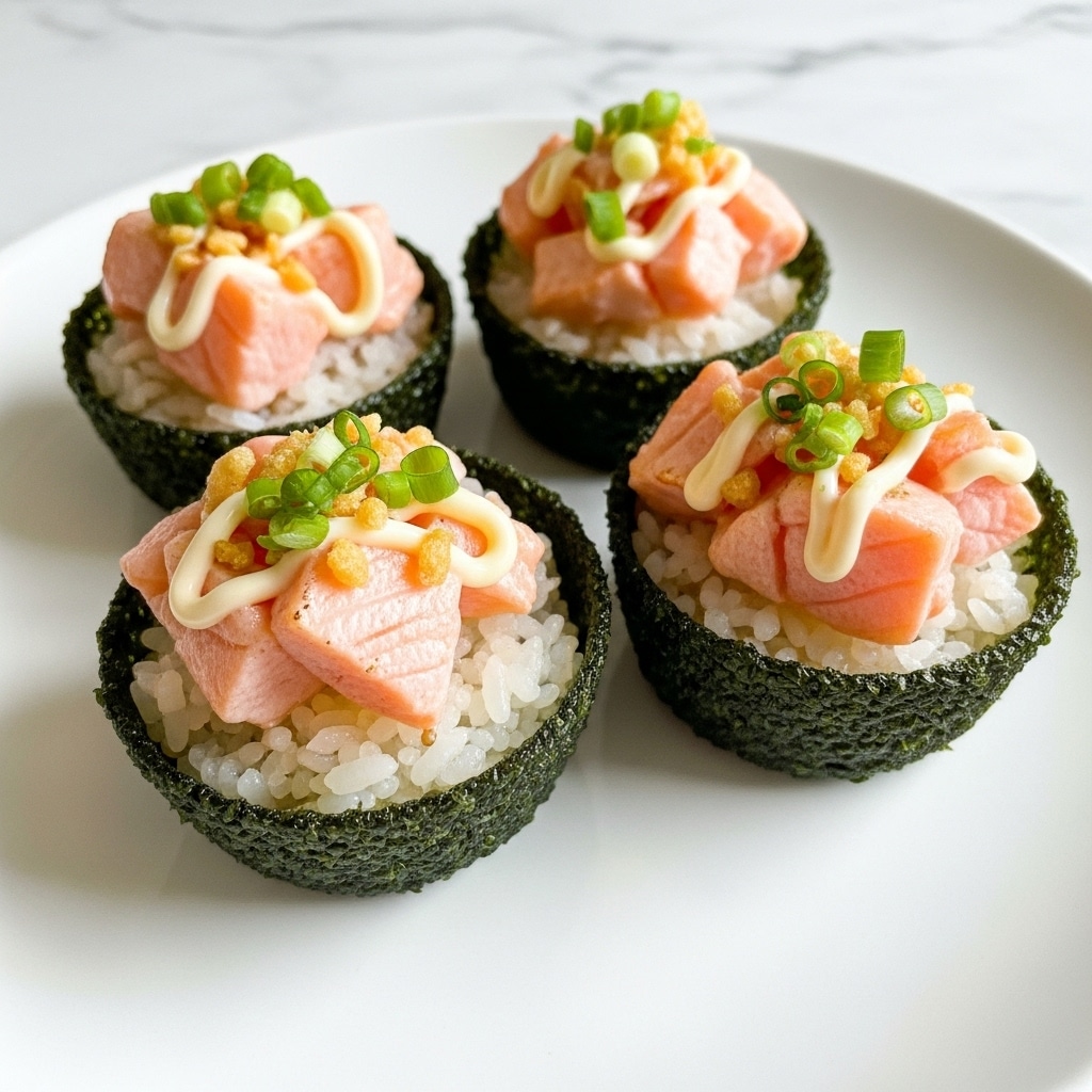 Four small sushi cups sit on a white plate over a white marbled surface. Each cup is made from a dark green, almost black, crispy seaweed shell holding a layer of white sticky rice at the bottom. On top of the rice, there is a layer of cooked salmon chunks in a soft pink color. The salmon pieces are garnished with thin white mayo drizzle, small green chopped scallions, and tiny golden-brown crunchy bits sprinkled on top. Photo taken with an iphone --ar 4:5 --v 7