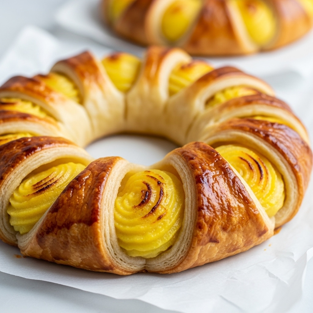 The image shows a ring-shaped pastry with golden brown, flaky layers folded over a thick yellow filling that looks soft and moist. The pastry is cut into sections, each segment curving upward and browned on top with a glossy finish and some caramelized bits. The base layer is a light, crispy crust that holds the filling. The pastry rests on white parchment paper on a white marbled surface, with a blurred second ring pastry in the background. The focus is on the front pastry, showing the texture of the crust, the smooth filling, and the caramelized topping. Photo taken with an iphone --ar 4:5 --v 7