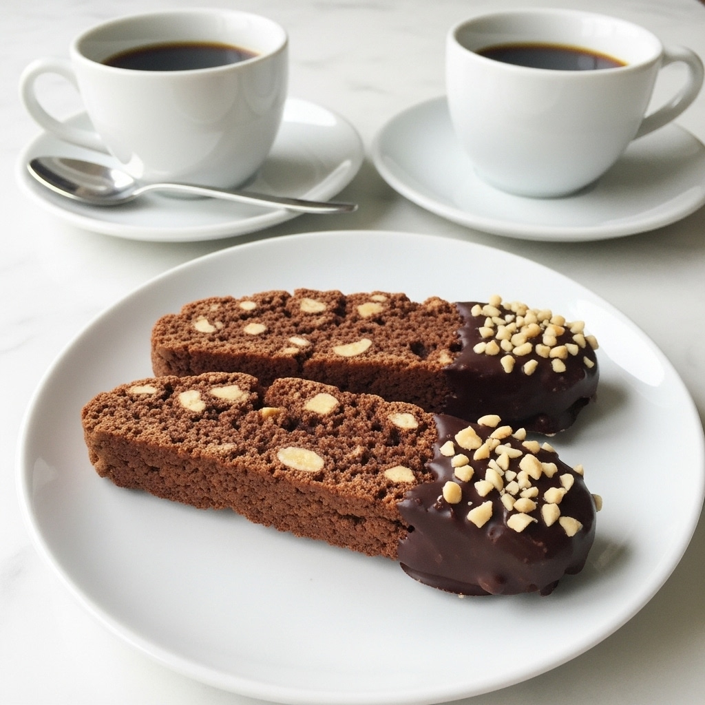 Two chocolate biscotti with a rough, crunchy texture lie side by side on a white plate, each partially dipped in dark chocolate and sprinkled with small pieces of chopped nuts on the chocolate-covered ends. The biscotti have a dark brown color with visible nut bits inside. In the background, two white cups filled with black coffee sit on their matching white saucers on a white marbled surface, one with a silver spoon resting on its saucer. The overall scene gives a cozy, inviting feeling. photo taken with an iphone --ar 4:5 --v 7
