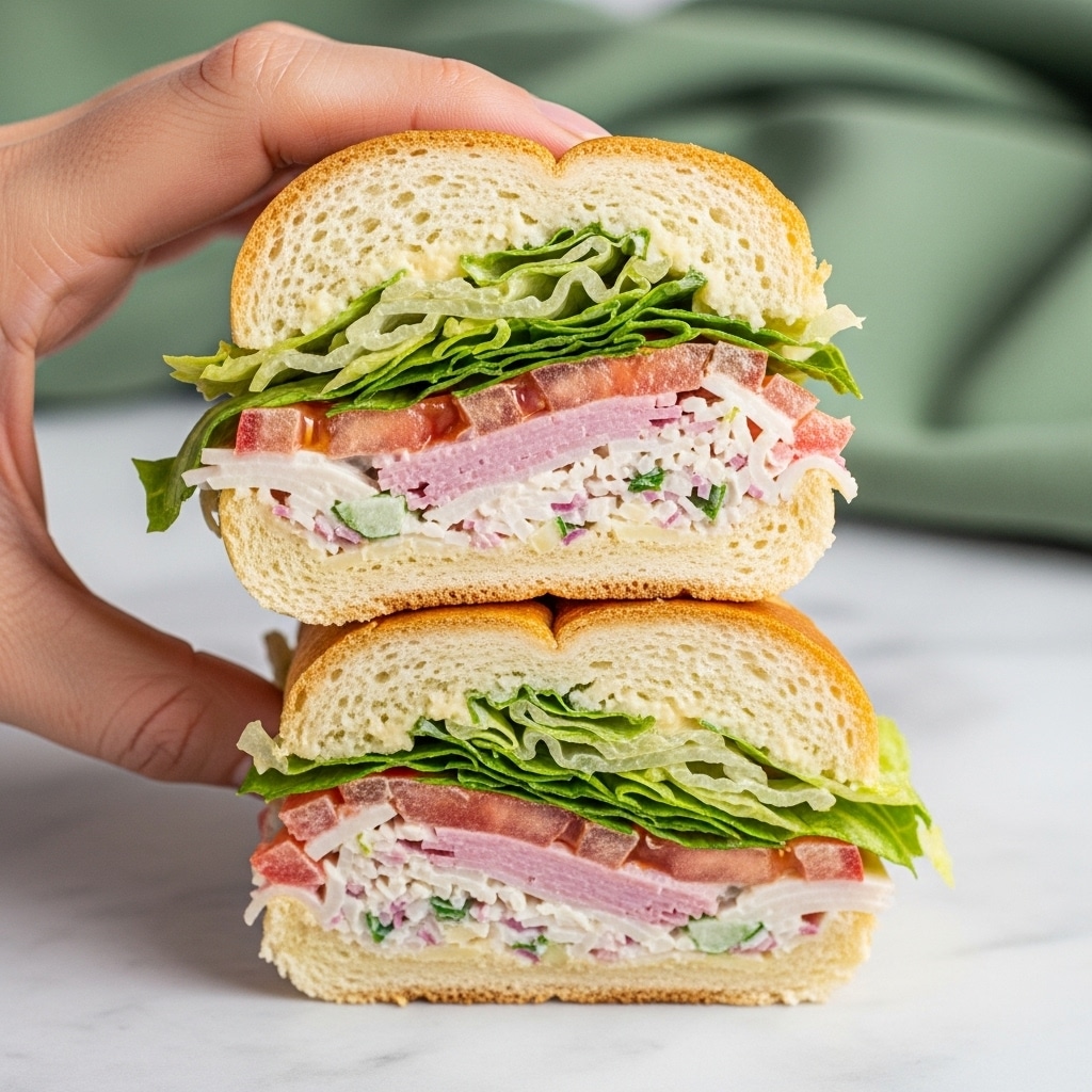 A close-up of a sandwich cut in half, held by a woman's hand. The sandwich has a soft, light golden-brown hoagie roll with a fluffy white inside. The filling is layered with chopped lettuce, small pieces of white and pink deli meat, and bits of tomato, mixed together with a creamy dressing. The colors of the filling show green, pink, red, and white, packed tightly inside the bread. The background is a soft blur of green fabric, and the surface is a white marbled texture. photo taken with an iphone --ar 4:5 --v 7