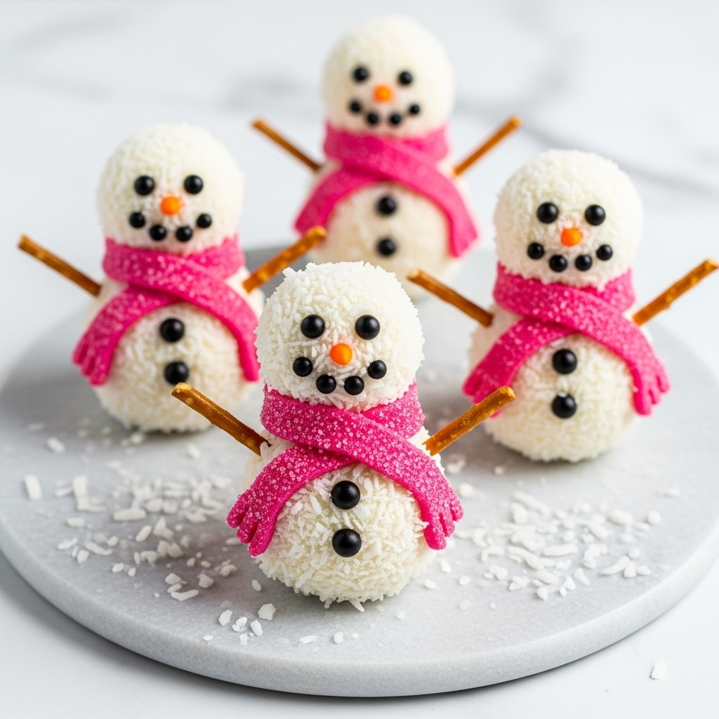 A small snowman made of two white coconut-coated round balls stacked to form the body and head, decorated with three small black dots for buttons on the lower ball, a black dot for an eye and an orange candy piece for a carrot nose on the top ball; a pink sugar-coated candy strip wrapped around the neck as a scarf, and two thin pretzel sticks inserted on each side as arms. The snowman is held by a woman's hand against a white marbled background. photo taken with an iphone --ar 4:5 --v 7