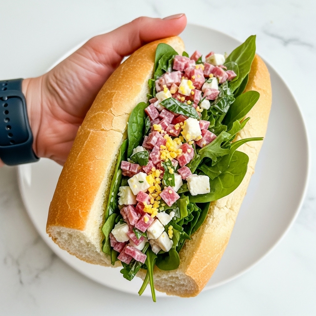 A close-up view of a sandwich held by a woman's hand wearing a black smartwatch, showing a light brown soft sub roll sliced open. Inside the roll are visible layers of finely chopped mixed ingredients including pink and red deli meats, green leafy herbs, bits of white cheese, and some finely chopped yellow elements, all mixed together in a creamy dressing. The background shows a white plate on a white marbled surface. The lighting is bright, highlighting the fresh textures and colors of the sandwich filling. photo taken with an iphone --ar 4:5 --v 7